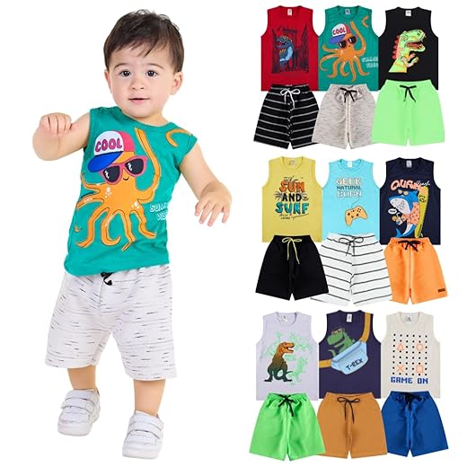 Kit Sortido 10 Peças de Conjunto Regata Bebê Menino - 5 Conjunto Curto Regata Masculino Infantil Verão
