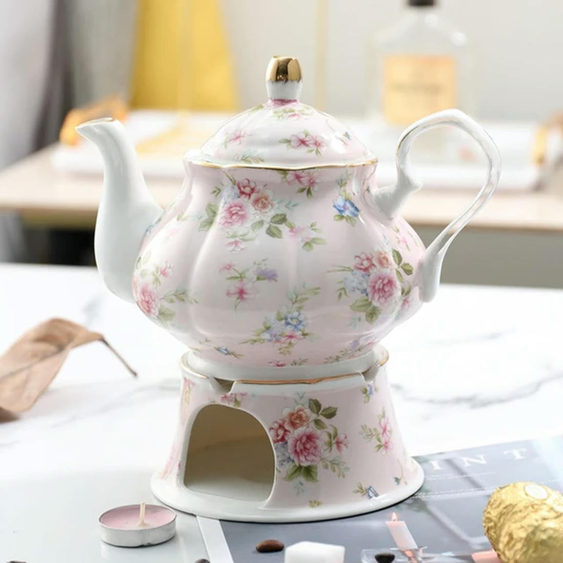 Tetera Inglesa británica de 400ML, Base calefactora, Calentador de té de Porcelana, Set de Tetera, Horno de retención de cerámica