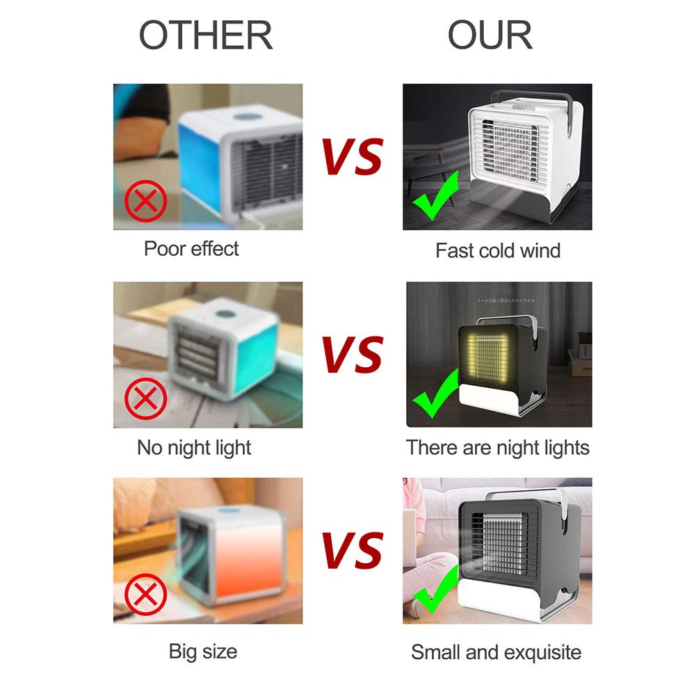 Condizionatore d'aria portatile USB, mini dispositivo di raffreddamento dell'aria con luce notturna, umidificatore, purificatore, ventola di raffreddamento da tavolo per la casa dell'ufficio,Nero