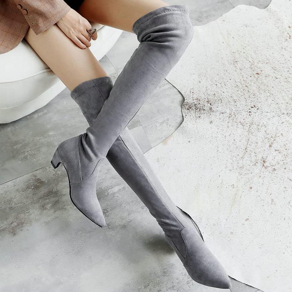 ClassicSter Womens Faux Suede Thigh High Stretch Boots Kitten Mid Heel Pointed Toe Over The Knee Boots