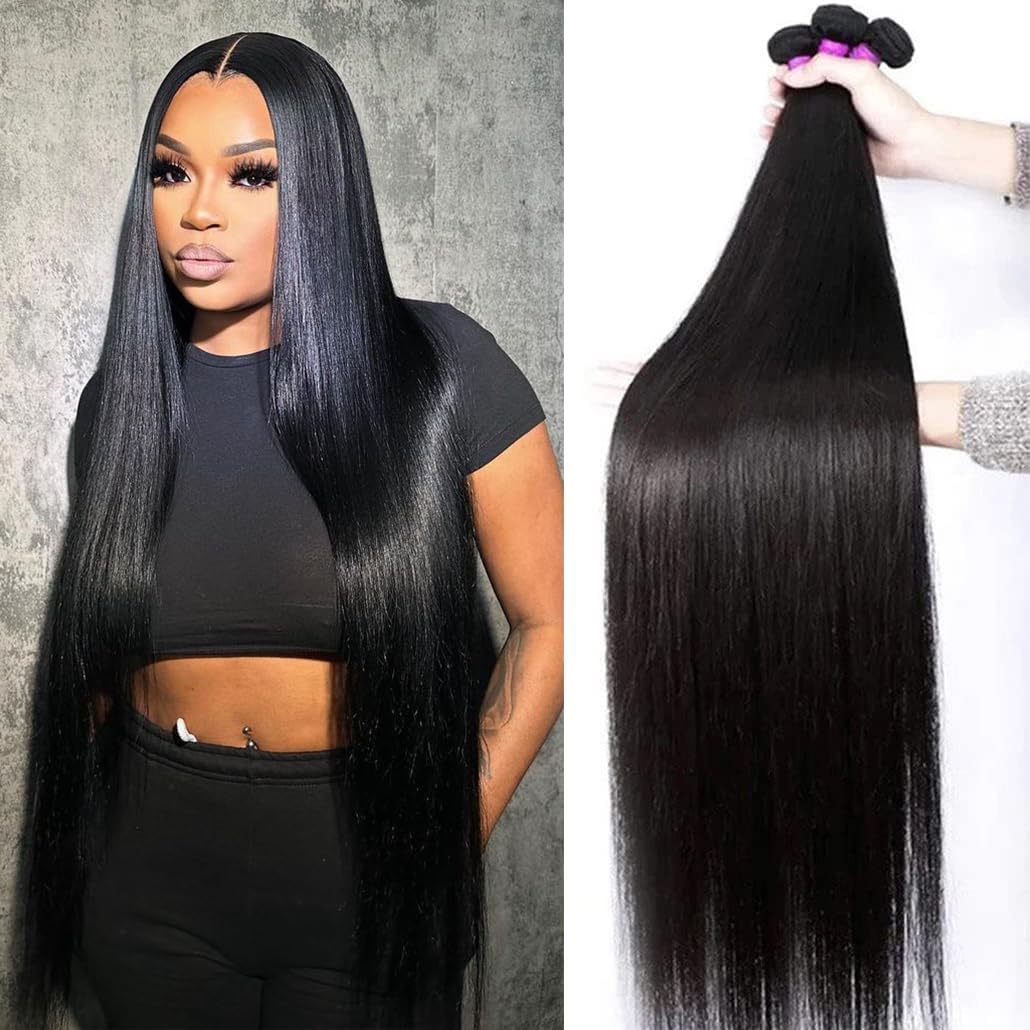 Brazilian Straight Human Hair 3 Bundles with Closure 14 16 18 20+14 Inch Straight Bundles with Closure 100% Unprocessed Straight Virgin Hair Weave Bundles Human Hair with 4X4 Lace Free Part Closure