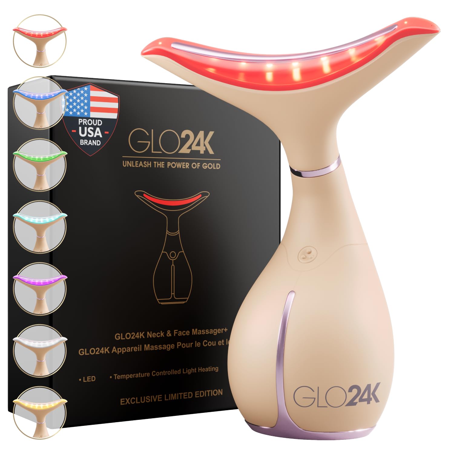 GLO24K 7 Color Beauty Device – Triple LED Action & Vibration Technology Facial and Neck Massager