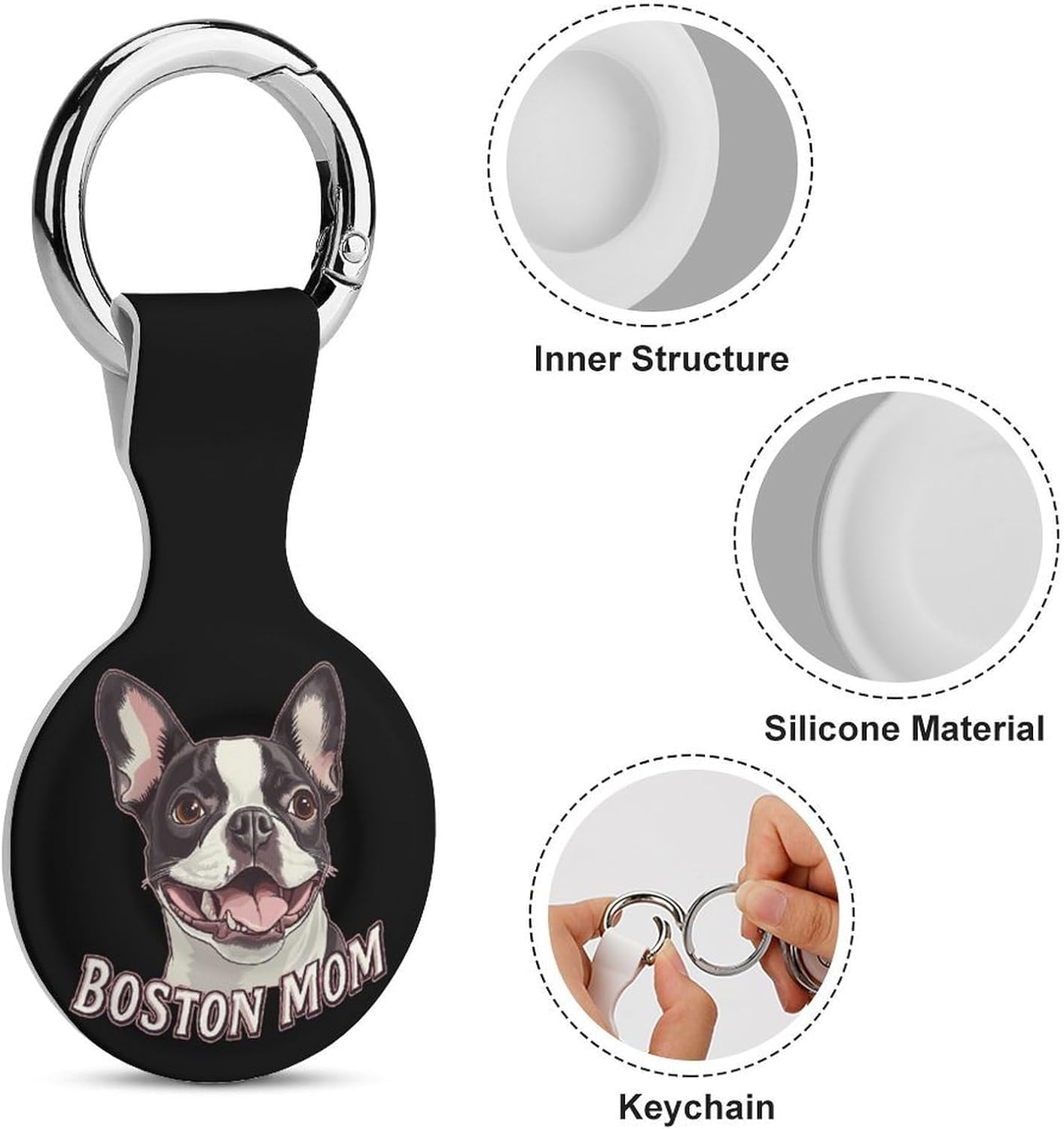 Boston Mom Terrier Dog Face Case Compatible with AirTag Holder Cover with Keychain Ring for Bags Luggages