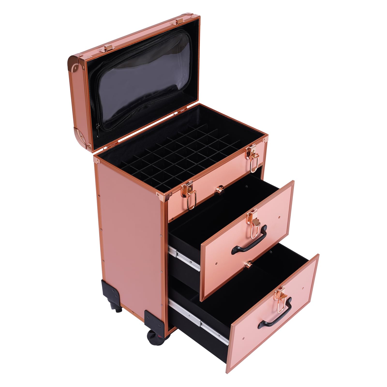 Rolling Make-up Case, Großer Kosmetik-Trolley mit Schlössern, Make-up-Tasche mit Teilern, Kosmetik-Aufbewahrungsorganisator für On The Go Make-up/Nail Art/Hairstyling für professionelle Make-up-Kü
