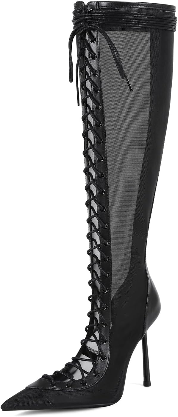 Saint Leia Women's Knee High Boots Pointed Toe Lace Up Stiletto Heel Fashion Elegant Long Boots