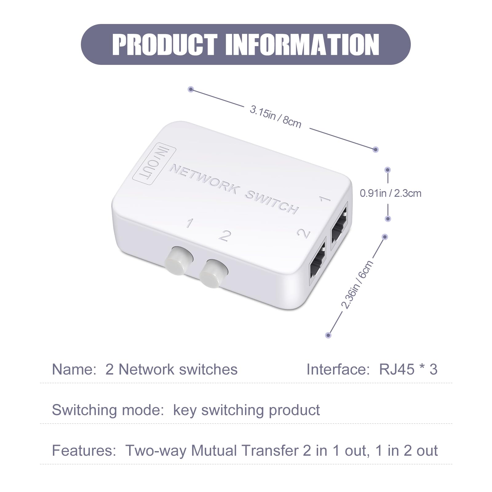 2-portowy przełącznik sieciowy rozdzielacz przełącznik sieciowy RJ45 przełącznik sieciowy 2x1 Ethernet RJ45 sieć 5.1 cm 1-Out lub 2.5 cm 2-Out 100M/500M