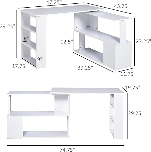 Miniatura 3 de HOMCOM Escritorio en forma de L, escritorio de esquina para computadora, escritorio de oficina en casa giratorio de 360 grados con estantes de