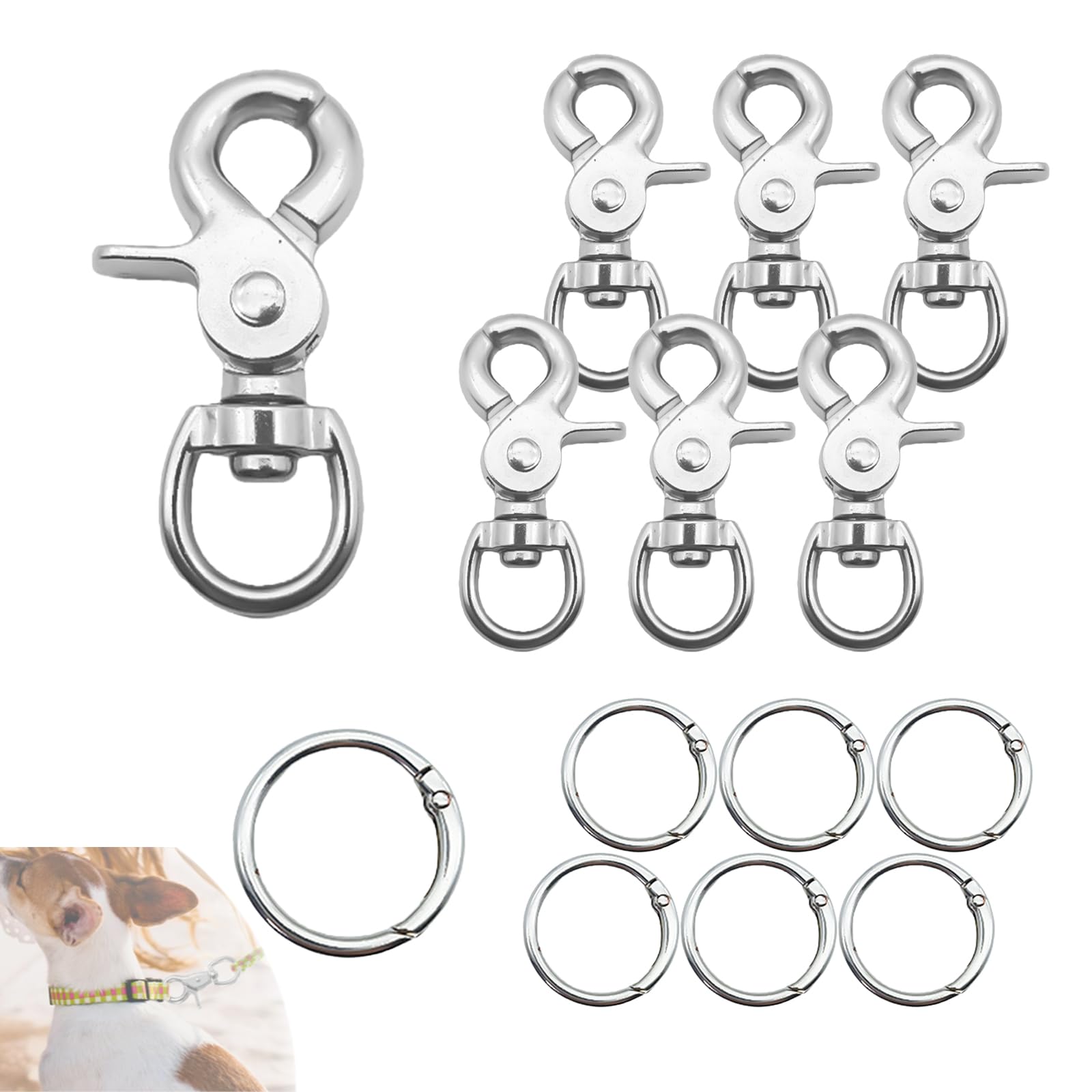Yicoovey Silver Zinc Alloy Swivel Carabiner Set (12 Pieces) - 6 Carabiners + 6 Metal Jump Rings, Twist Proof & Rustproof, Heavy Duty Snap Clasps For Dog Lead, Keys, Backpack & Outdoor