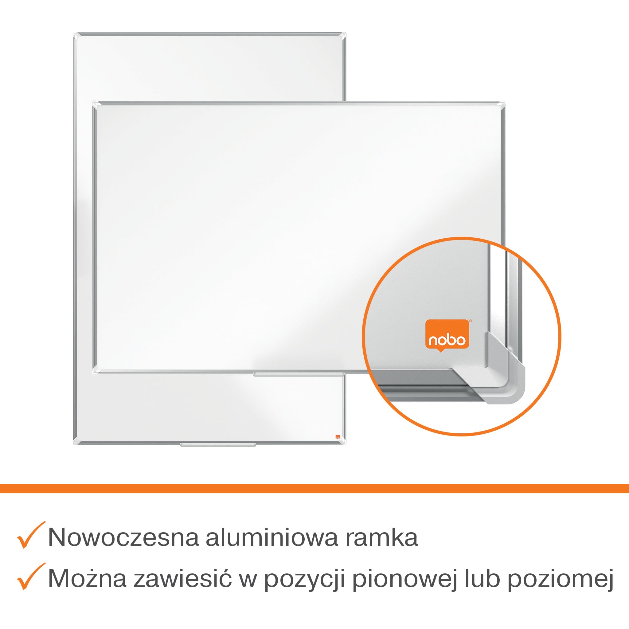 Nobo Emaliowana tablica magnetyczna 600 x 450 mm, listwa aluminiowa, montaż narożny, z długopisem do tablicy, Premium Plus, biała, 1915143