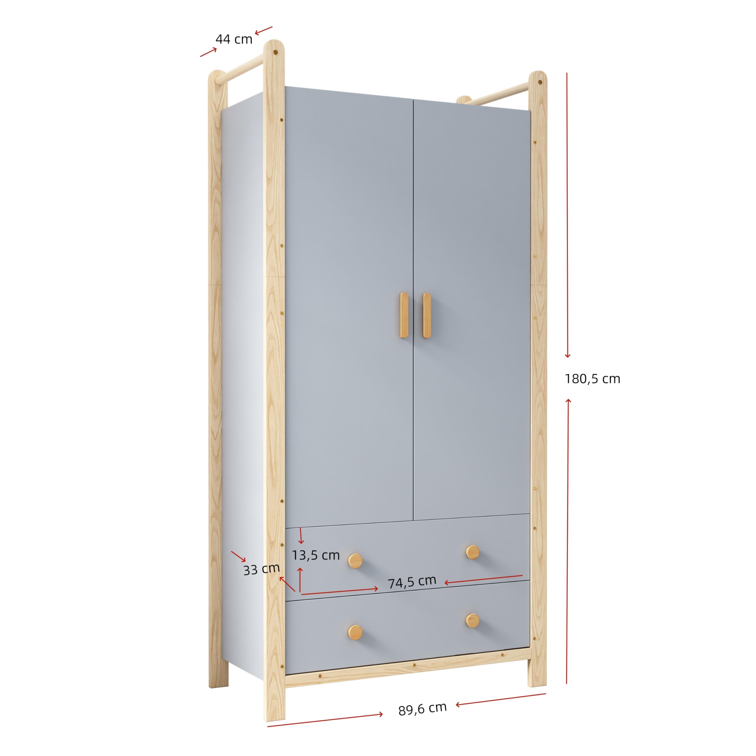 Armario para Niños con 2 Puertas y 2 Cajones 180x90x45 cm Armario Ropero de Madera con Barra para Colgar, Ropero Estrecho Moderno para Dormitorio, Salón, Perchero de Pasillo, Azul y Natural