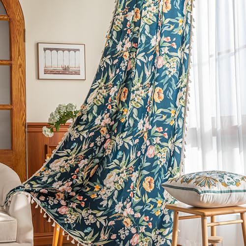 Image of Boho Floral Curtains French Country Farmhouse Curtains 72 Inches Long Light Filtering Window Rod Pocket Drapes for Living Room 2 Panels-Navy Blue Floral
