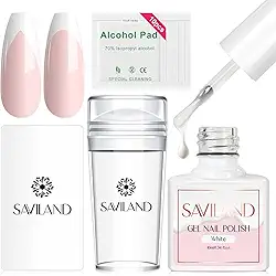 Saviland Kit de manicure francesa - 13 peças de carimbos de unha franceses com conjunto de esmaltes de gel branco, carimbo de unhas de silicone e raspador kit de carimbos para unhas francesas, faça você mesmo salão