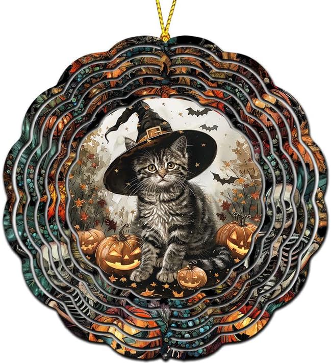 Halloween Gray Tabby cat is Wearing Witch hat ds Wind Spinners, Garden Decoration, 8 inches Stainless Steel Wind Sculpture