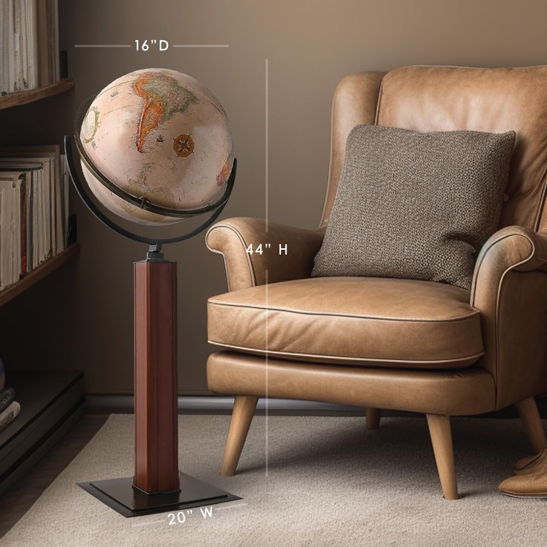 Waypoint Geographic Landen 16' Decorative Globe, Multi-Directional Viewing, 44' Tall Standing Floor Globe For Home, Library, or Office Decor, Antique