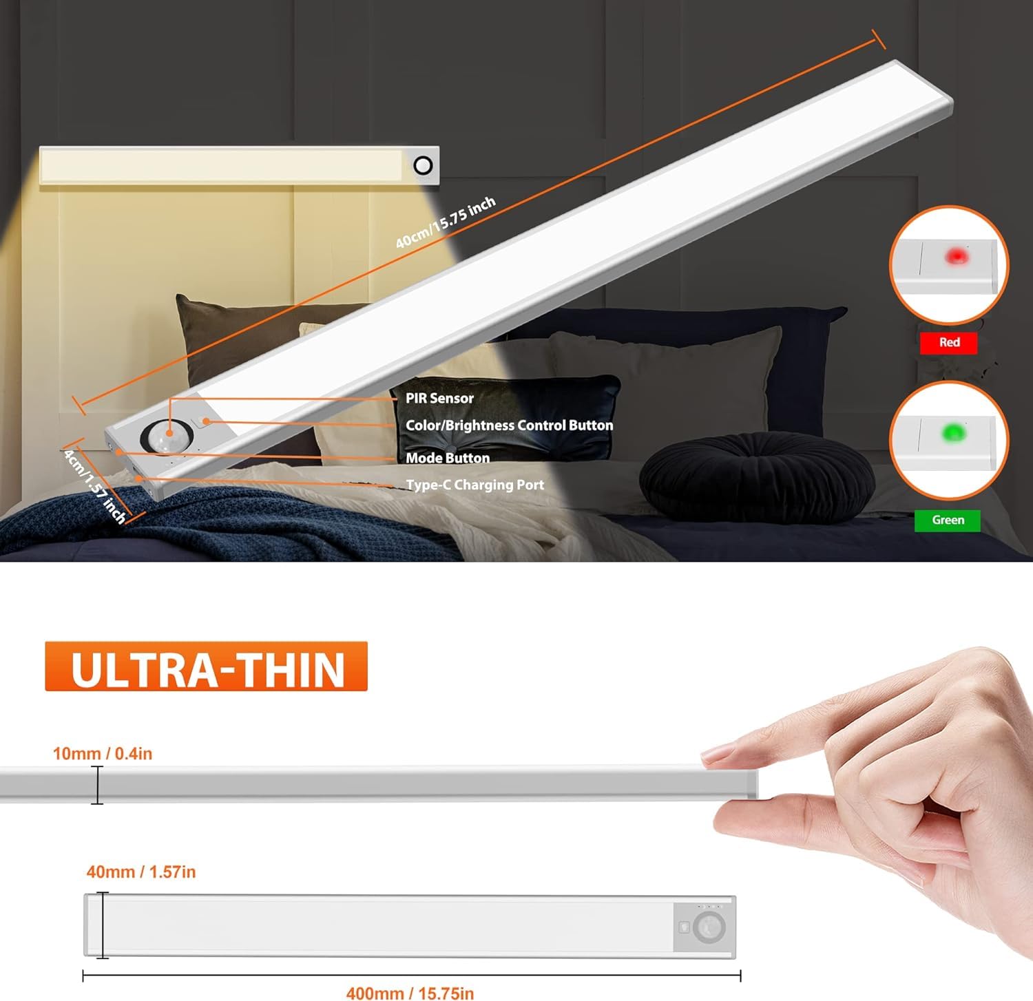 FLOWood 40CM Oświetlenie podszafkowe do kuchni 140LED z czujnikiem ruchu, oświetlenie szafek 300LM z pilotem zdalnego sterowania, ściemnianie 3 tryby kolorów, akumulator USB 3600 mAh(2 szt.)