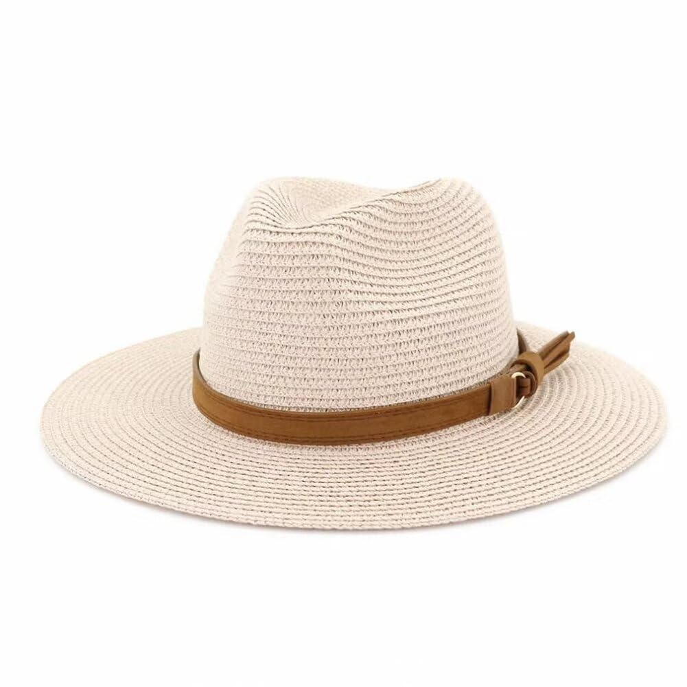 Plancholo Women's Pink Summer Straw Sun Hat Wide Brim Panama Fedora Beach Hat With Belt For Men And