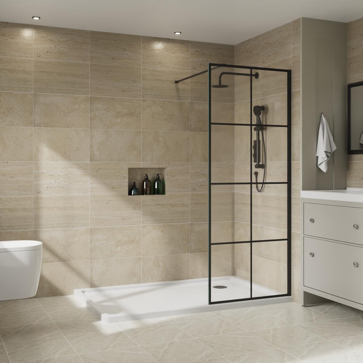 NRG 700 x 1950mm Bathroom Wet Room Screen Panel 8mm Black Grid Easy Clean Glass Black Framed Walk in Shower Enclosure