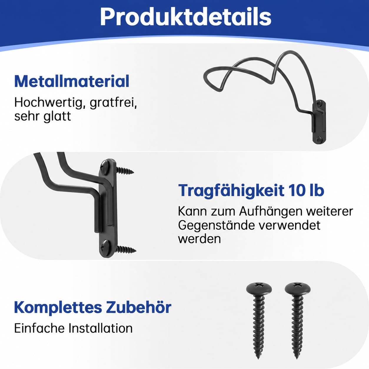 Helmhalterung Wand aus Metall, Schwarz, 4 Stück