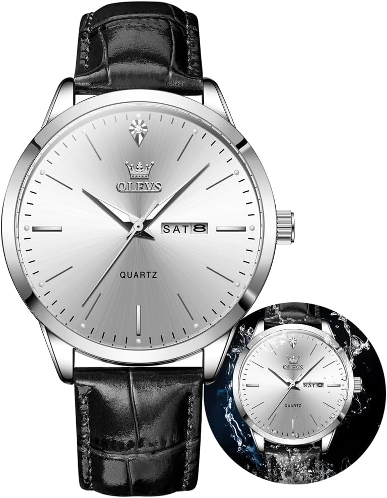 OLEVS Mens Quartz Analog Watch with black leather band and silver face