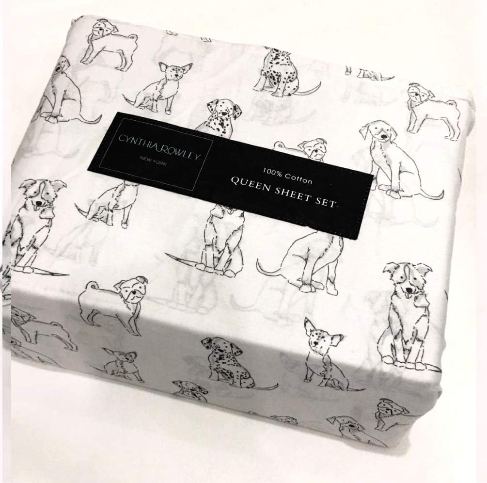 Cynthia Rowley 4Piece Queen Sketched Puppies/Dogs Sheet