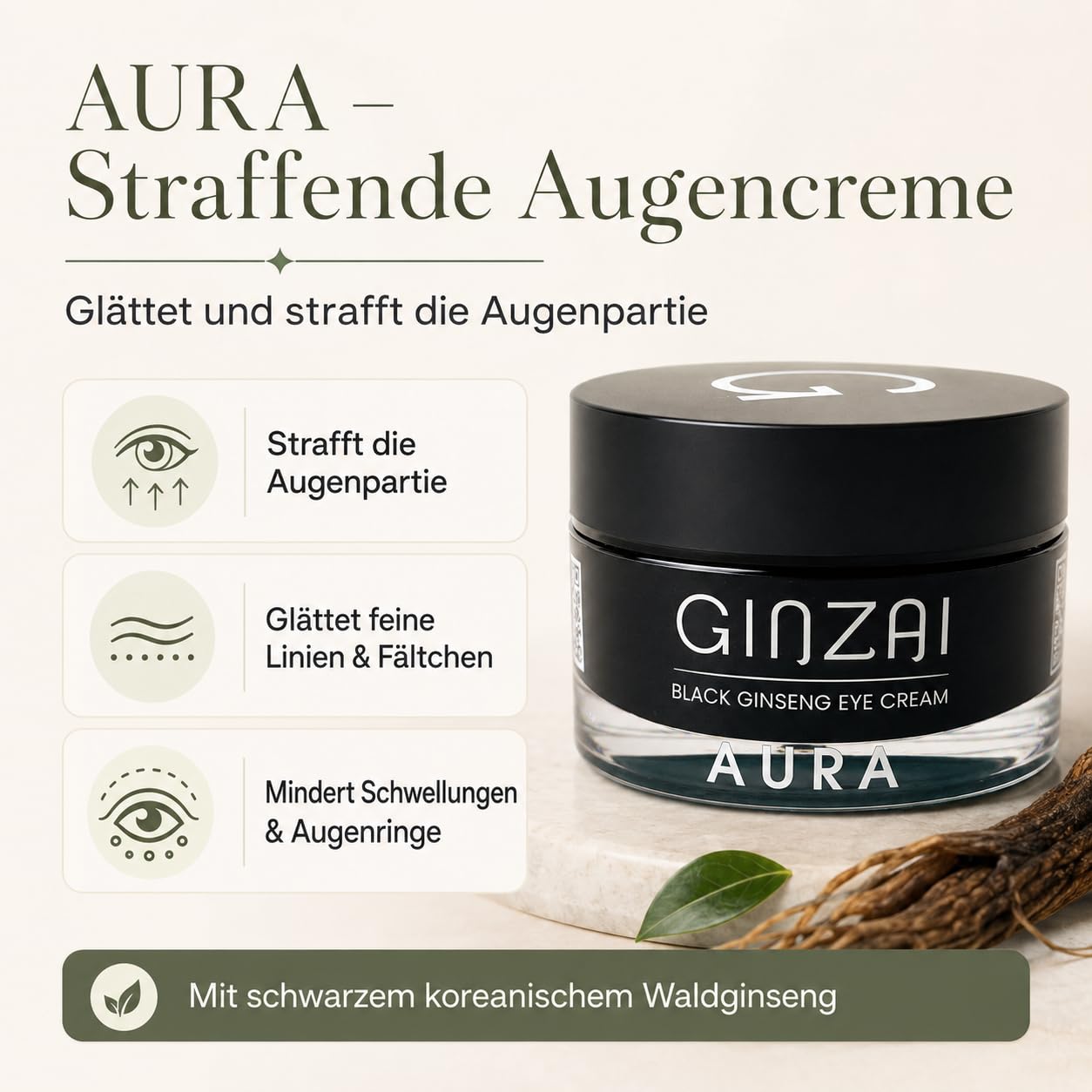 AURA - Crema rassodante per gli occhi con ginseng della foresta coreana nera, cura degli occhi anti-età contro rughe, occhiaie e gonfiore, con peptidi, squalano e burro di karitè, vegana, 30 ml