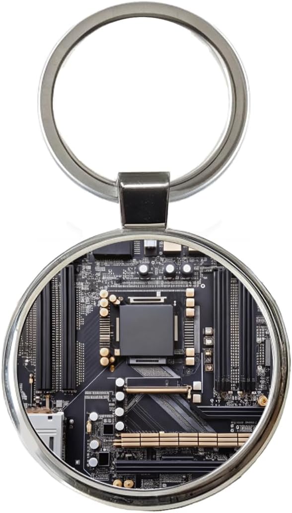 Black Gaming Computer Motherboard Round Metal Keychain