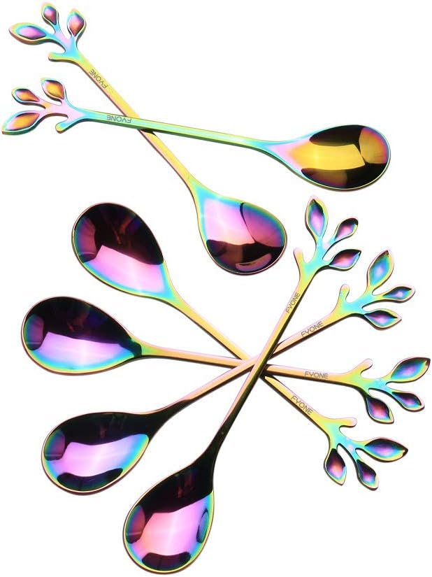 FYONE Espresso spoons 18/10 Stainless Steel, Shape of leaves 6-piece Vogue Mini Teaspoons set for Coffee Sugar Dessert Cake Ice Cream Soup (4.64 Inches)(Rainbow-Spoon)…