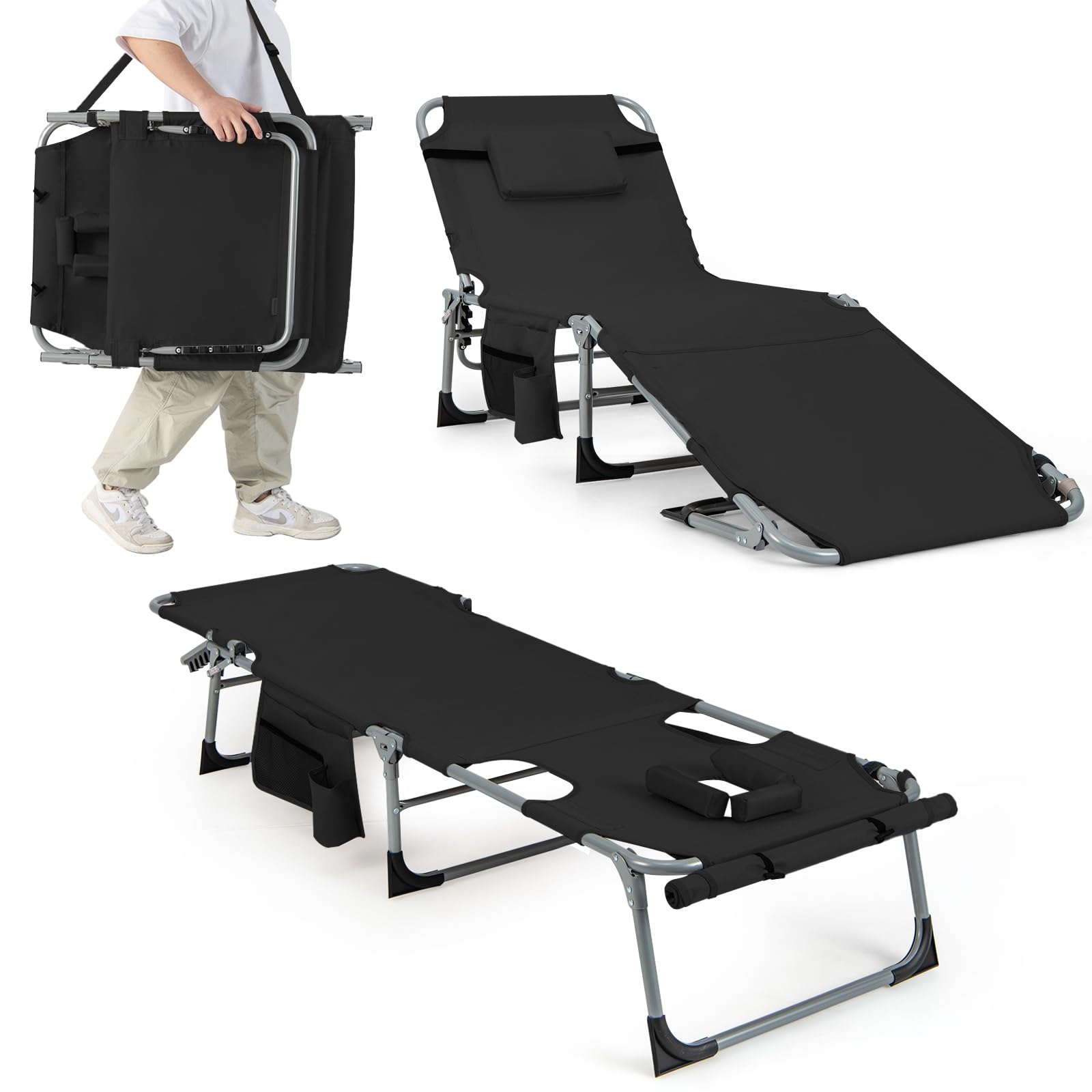 COSTWAY 1/2 Tumbonas Jardin Exterior, Tumbona Plegable con 5 Posiciones de Respaldo, Reposapiés Ajustable, Orificio, Almohada Extraíble, Tumbona Playa Piscina Jardin (1, Negro)