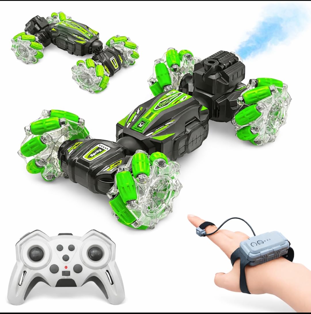 RC Stunt Car with Gesture Control, 360 Degree Spin, LED Mecanum Wheels, Mist Spray and Twister Body, Green-image-26