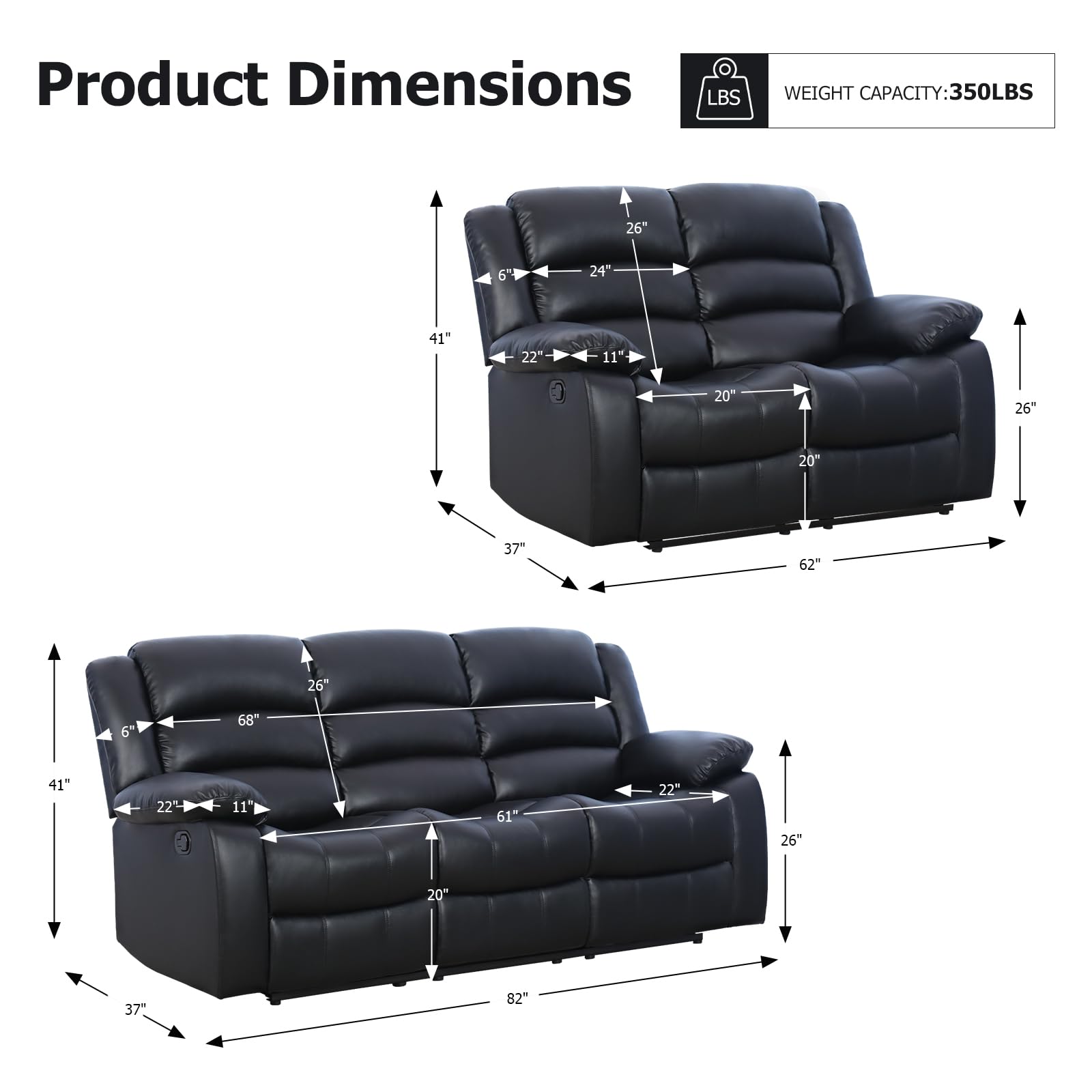 EBELLO Manual Reclining Couch Set for Living Room, Include 1 Loveseat, 3 Seat Sofa, Modern Faux Leather Recliner Sofa Furniture Set for Home and Office, Black view 2