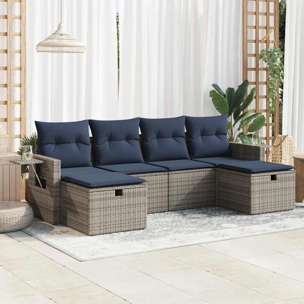 Set de Muebles jardín ratán sintético Gris con Cojines Azul Marino 6 Piezas Resistente Almacenamiento reposapiés para terraza Patio balcón Comedor Ocio