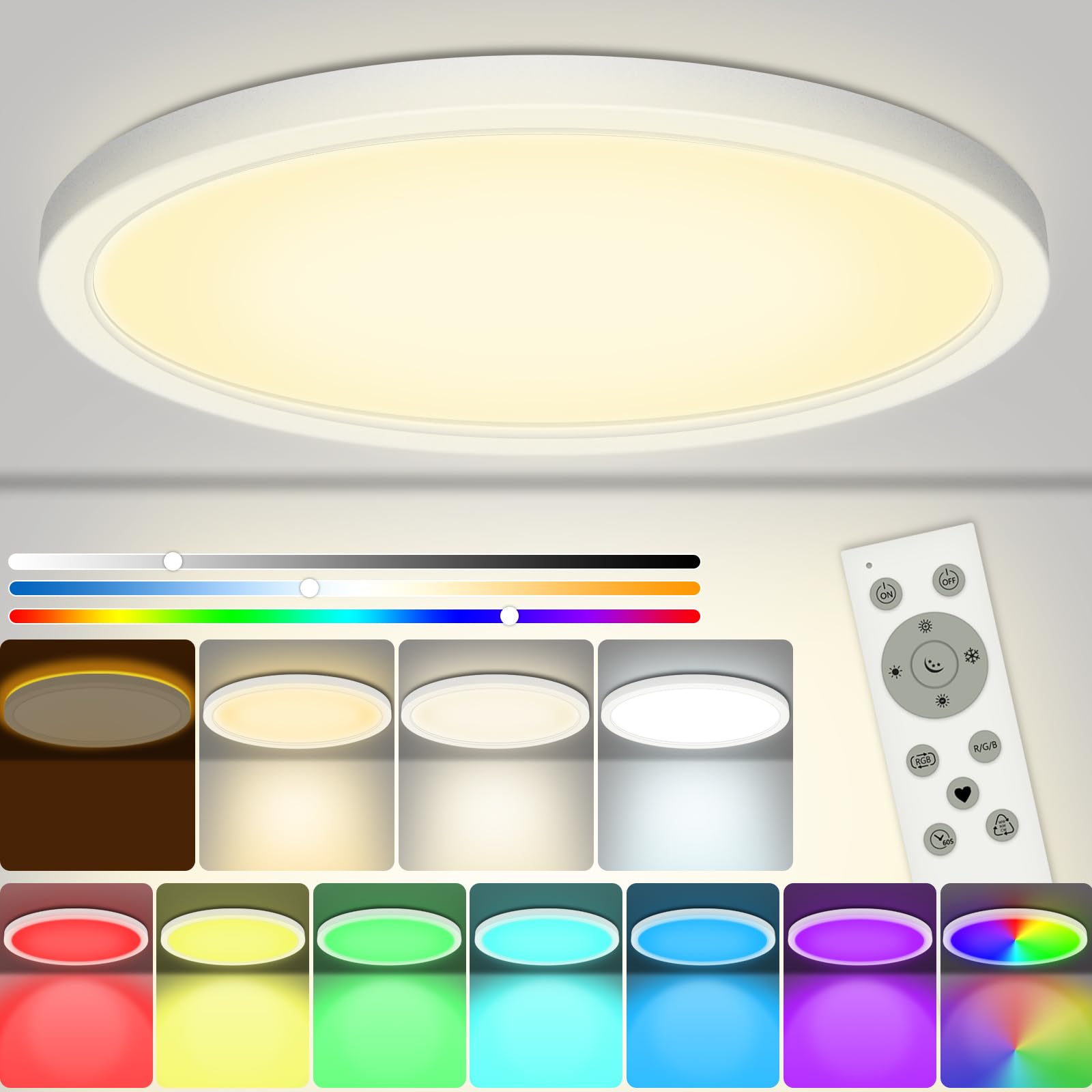 LED plafoniera dimmerabile, 25W 3200LM RGB plafoniera con telecomando, 1800K luce notturna calda, pannello 3000K-6500K dimmerabile IP54 impermeabile per camera da letto camera dei bambini