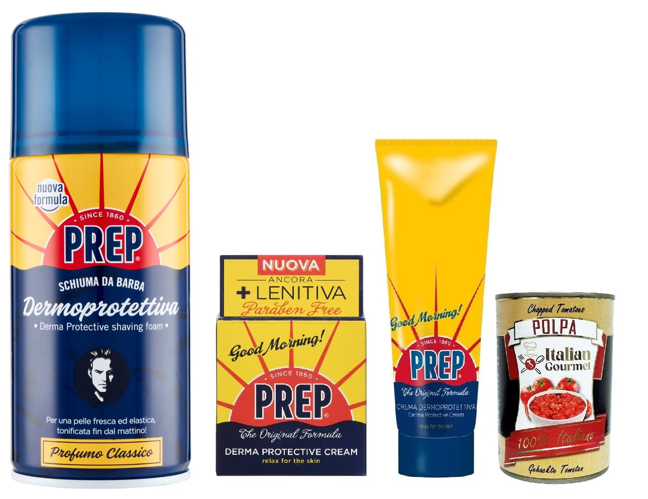 PREP Testpaket, Hautschützender Rasierschaum Reichhaltige und cremige, Prep Hautcreme 75ml glas, Prep Hautcreme tube + Italian Gourmet polpa 400g