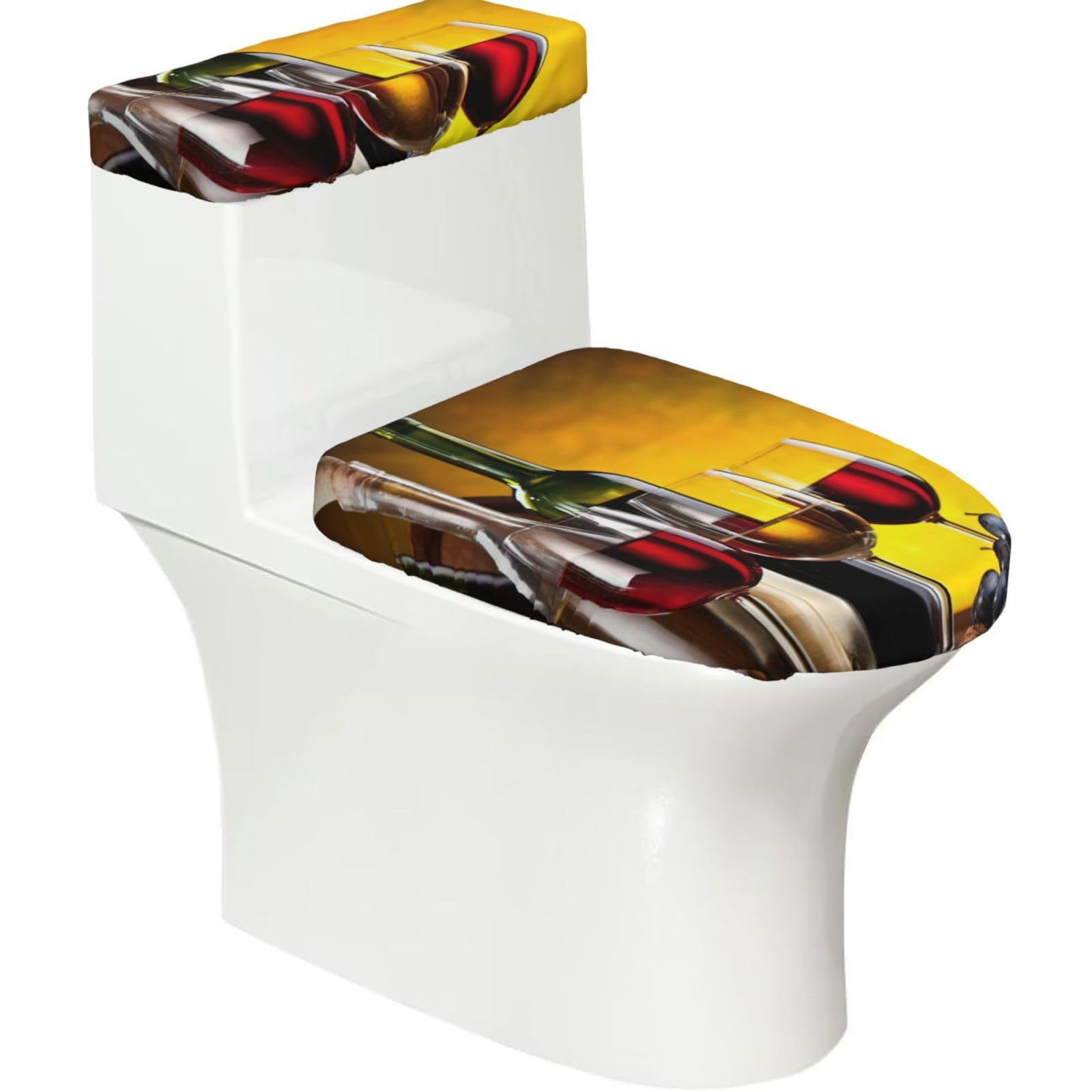 Grapes Wine Bottles And Drink Print Stretch Toilet Covers Set, Polyester Covers Replacement For Fits Most Size Lids Bathroom Decor