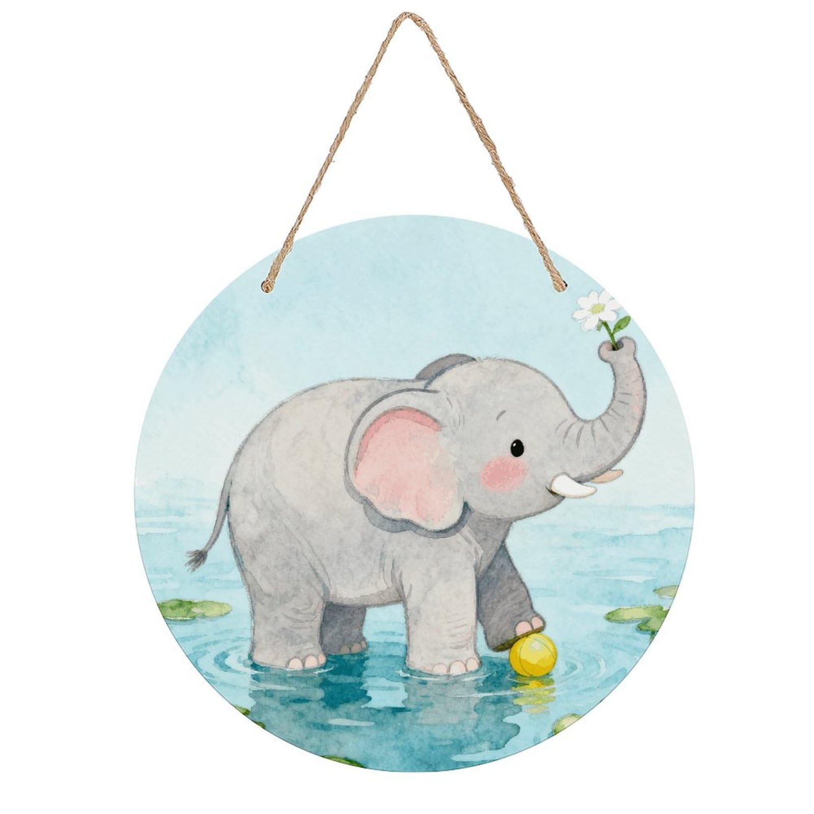 LZQPOEAS Elephant Round Wood Wall Art Painting, 7.9 Inch Circular Wooden Door Hanger Decorative Paintings, Rope-Hanging Wooden Wall Plaque for Home Decor And Office Party