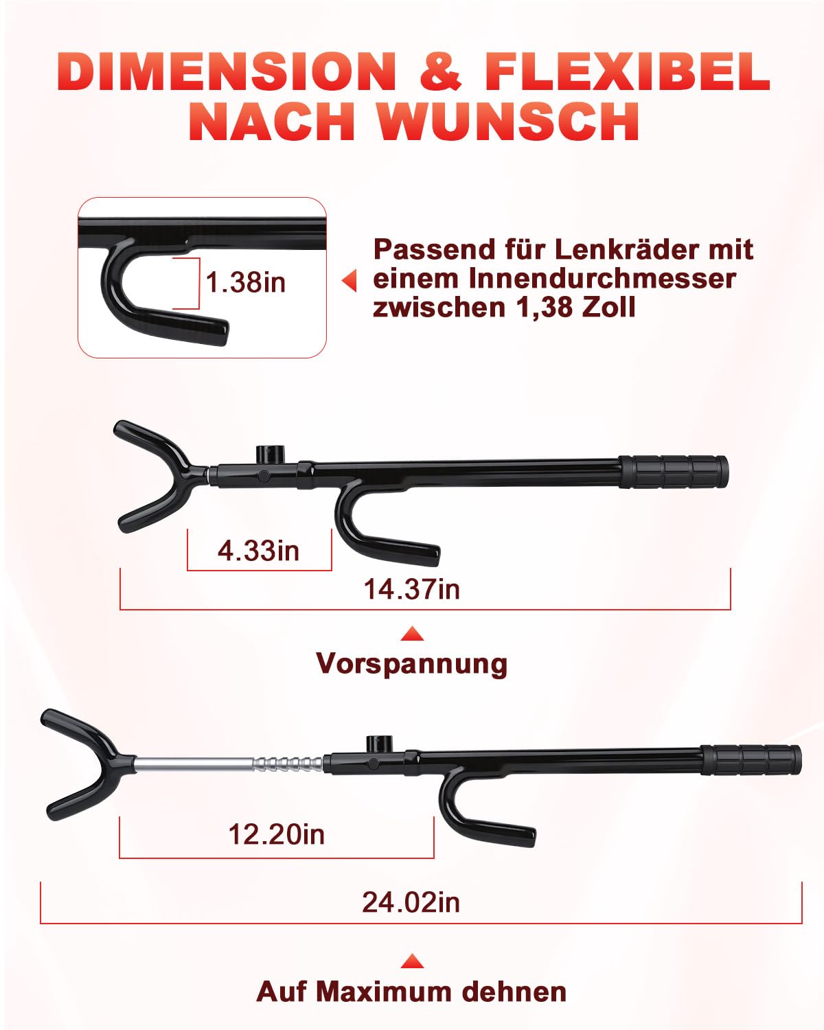 ELECTOP Lenkradschloss mit 113-dB-Alarm Hochleistungs-Autoschloss Diebstahlsicherung einstellbare Verriegelungslänge 2 Schlüssel