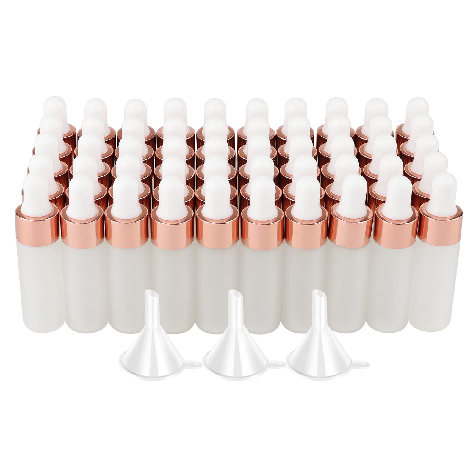 Kesell Lot de 50 flacons compte-gouttes en verre dépoli rechargeables de 5 ml pour huiles essentielles, parfum, essence, lotion, soins de la peau avec 3 entonnoirs, bouchon or rose