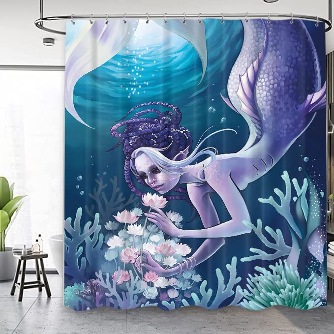 Famiffty Mermaid Shower Curtain Coral Ocean Bathroom Set 60Wx72L Inches Funny Underwater Seaweed Tail Flower Shower Curtain Fun Bubbles Bathroom Decor Waterproof Polyester Fabric with 12 Plastic Hooks — image 1
