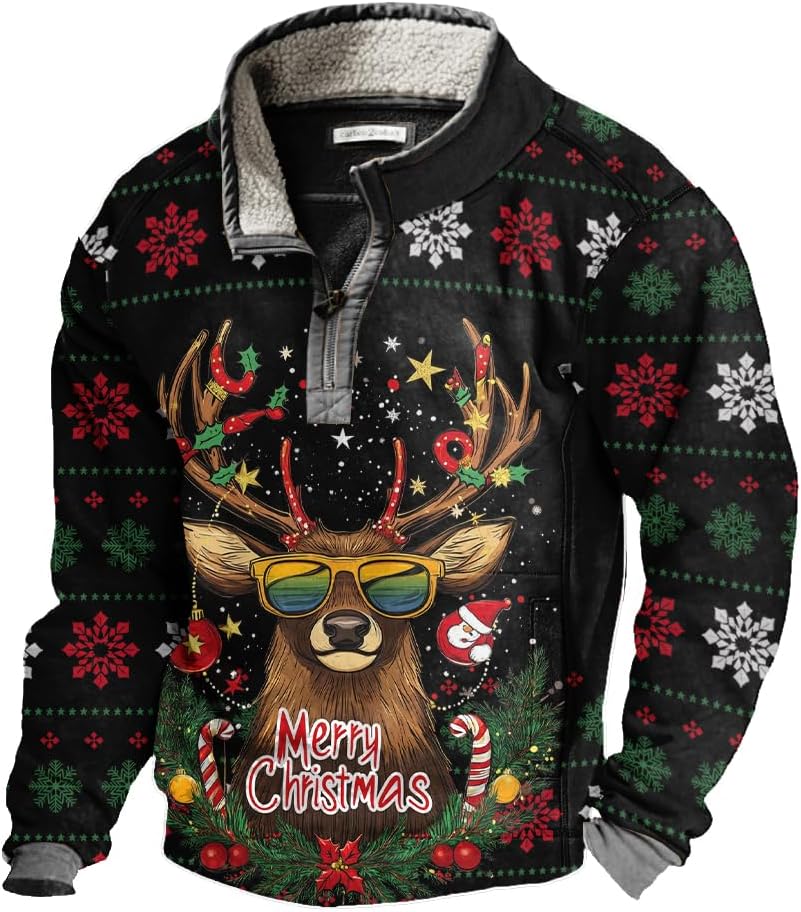 Mens Christmas Sweatshirt Vintage 1/4 Zip Jackets Fleece Stand Collar Merry Christmas Sweatshirts with Pockets