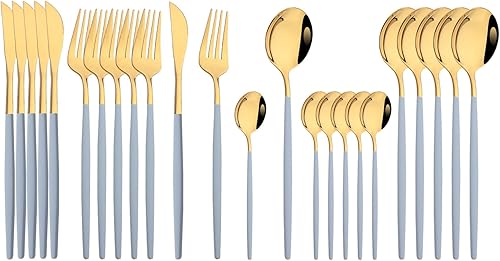 JASHII Juego de cubiertos de 24 piezas, juego de cubiertos de acero inoxidable, juego de cubiertos pequeños de color fresco macarrón, moderno y