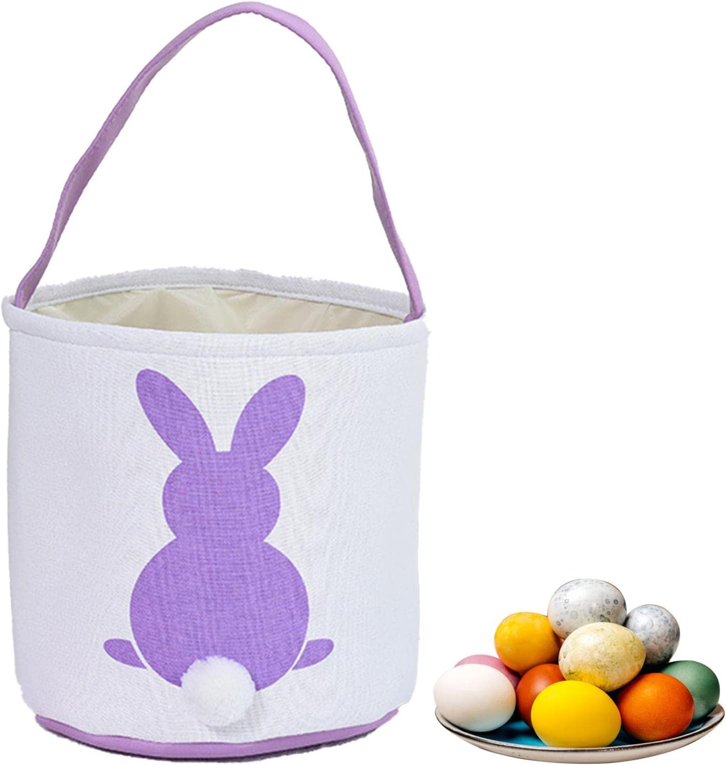 Personalized Easter Basket | Small Easter Basket Single - Easter Egg Hunt Basket Bags for Kids, Bunny with Fluffy Tails Canvas Tote