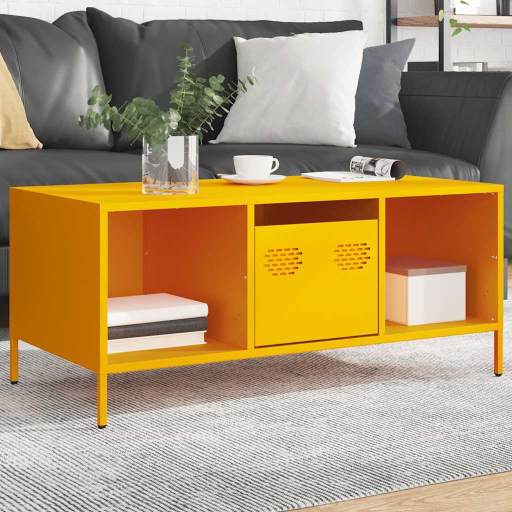 Table basse jaune moutarde acier : finissez-en avec le désordre du salon