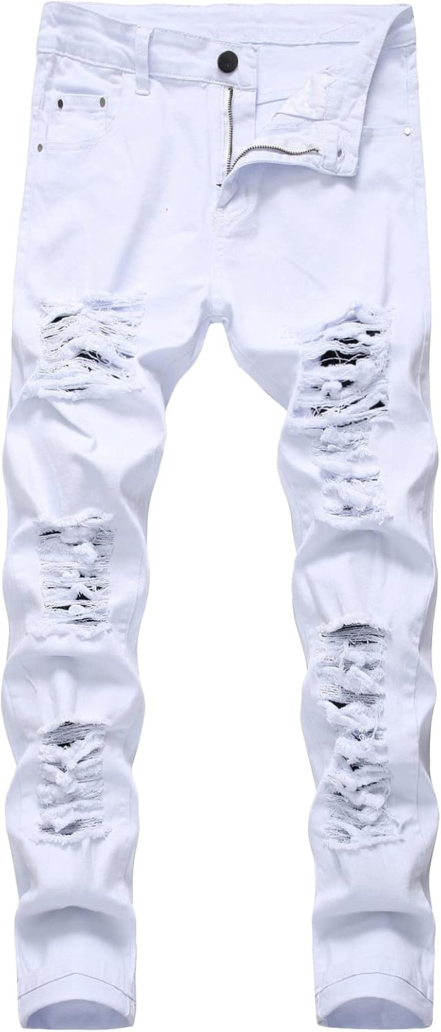 DGHM-JLMY Men's Casual Big Hole Stretch Slim Jeans Ripped Jeans Distressed Destroyed Stretch Comfy Denim Jeans Pants