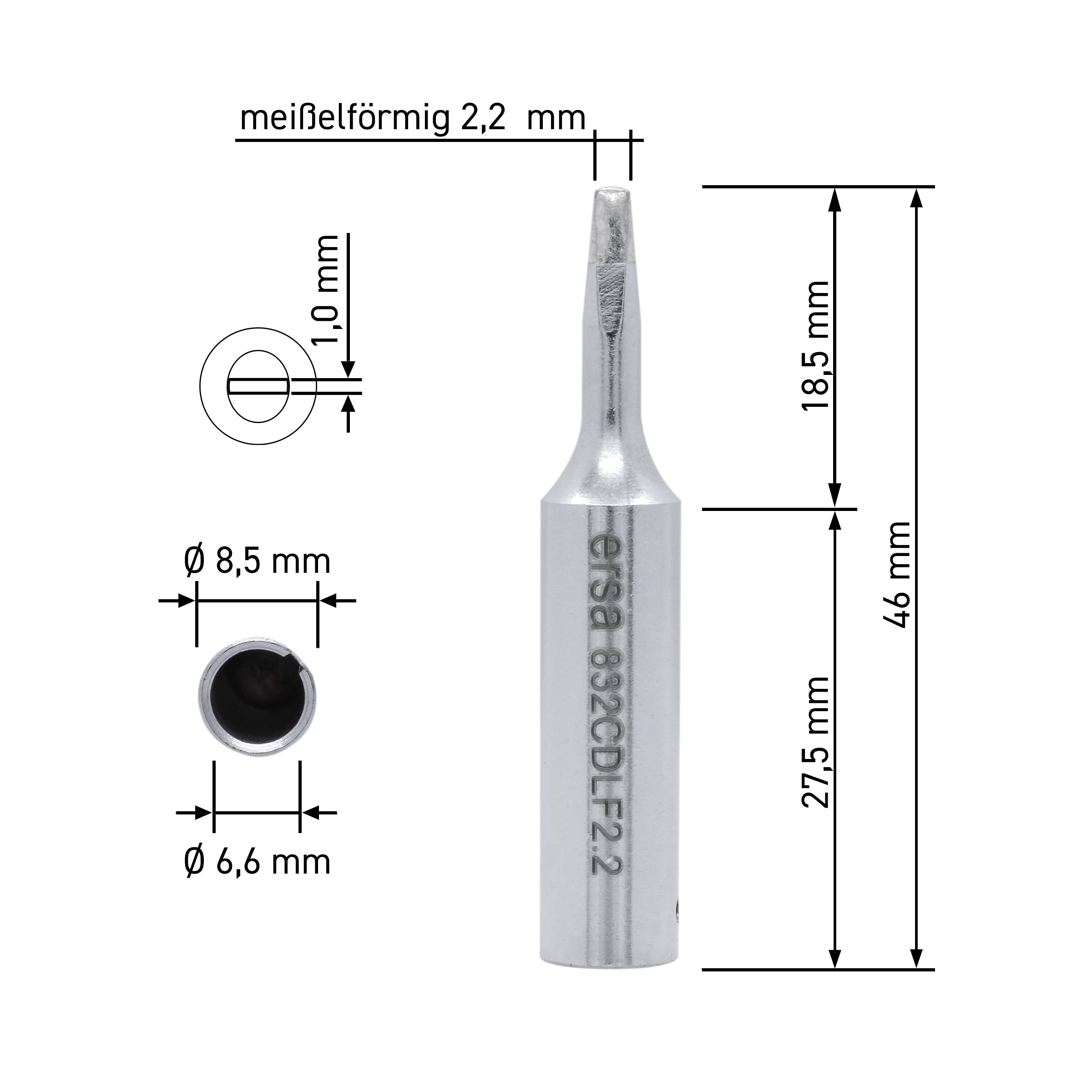 Ersa ERSADUR Dauerlötspitze LeadFree gerade meißelförmig 2, 2 mm 0832CDLF & Ersadur Dauerlötpsitze, gerade, bleistiftspitz, 1,0 mm, 0832BD