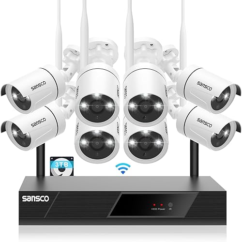 [3TB WiFi Kit] SANSCO Wireless CCTV Security Camera System with 3TB HDD & Audio Rec., 8 Channel NVR, (8) 3MP HD Outdoor IP Bullet Camera (Night Vision, Rapid USB Backup, App/Email Alert, Waterproof)