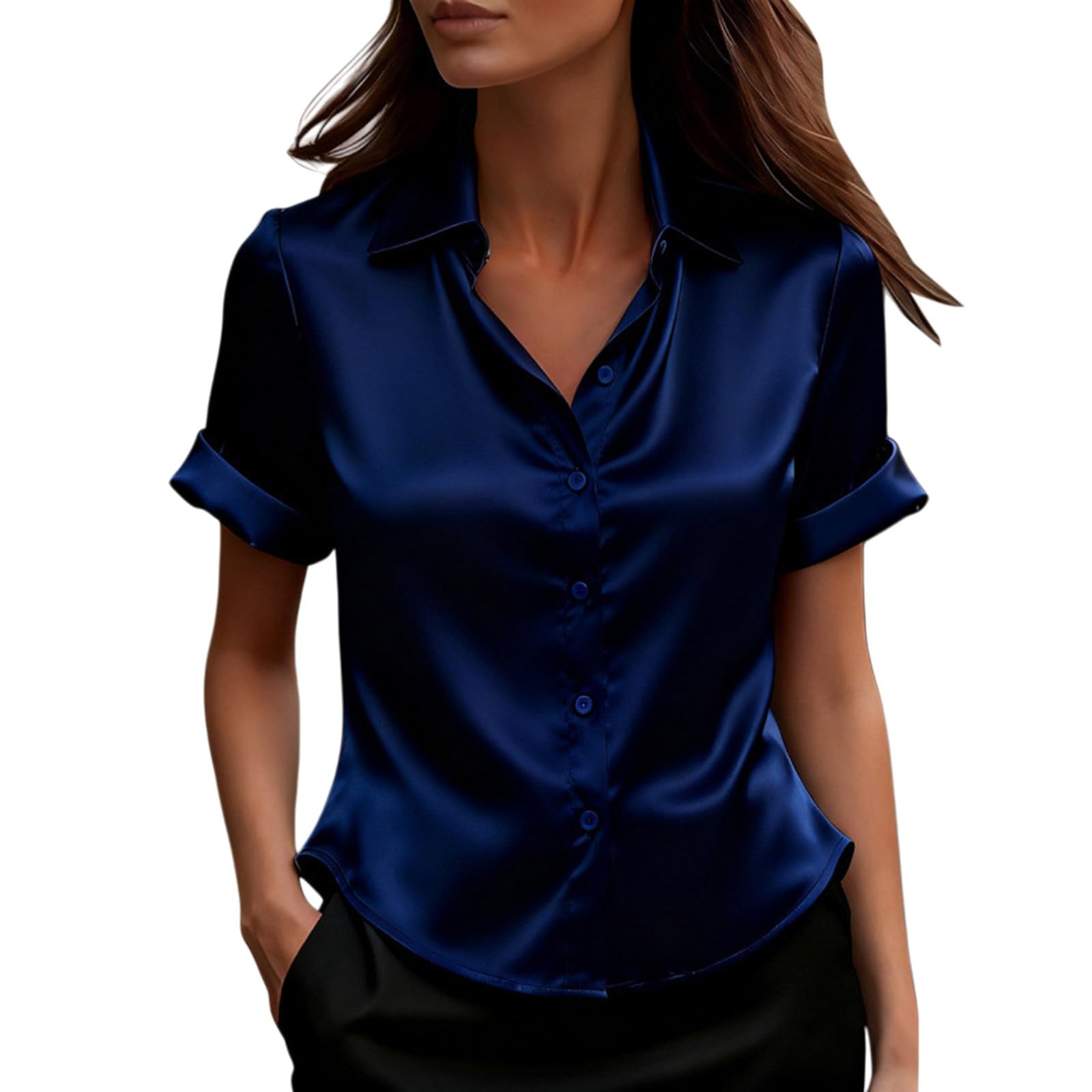 Generico Camiseta de verano para mujer de manga corta con cuello en V de satén - Top mujer elegante manga corta camiseta de seda cómoda camisa cierre frontal ligero Top de trabajo elegante