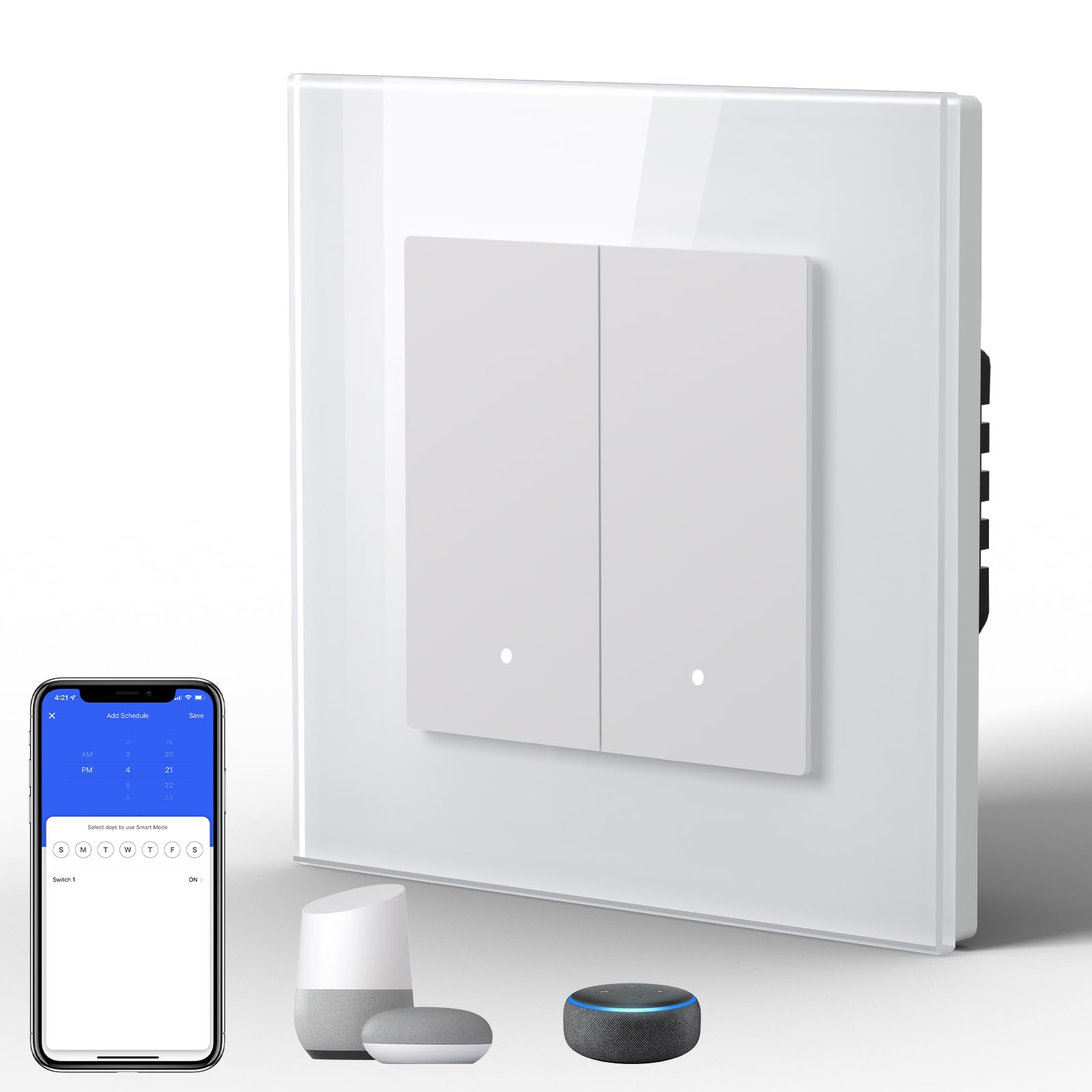 BSEED Interruptor Inteligente WIFI con Vidrio,Basculante Con Pilotitos LED,Requiere Cable Neutro,E-Series,2 Gang 1 VÃa,86mm Blanco