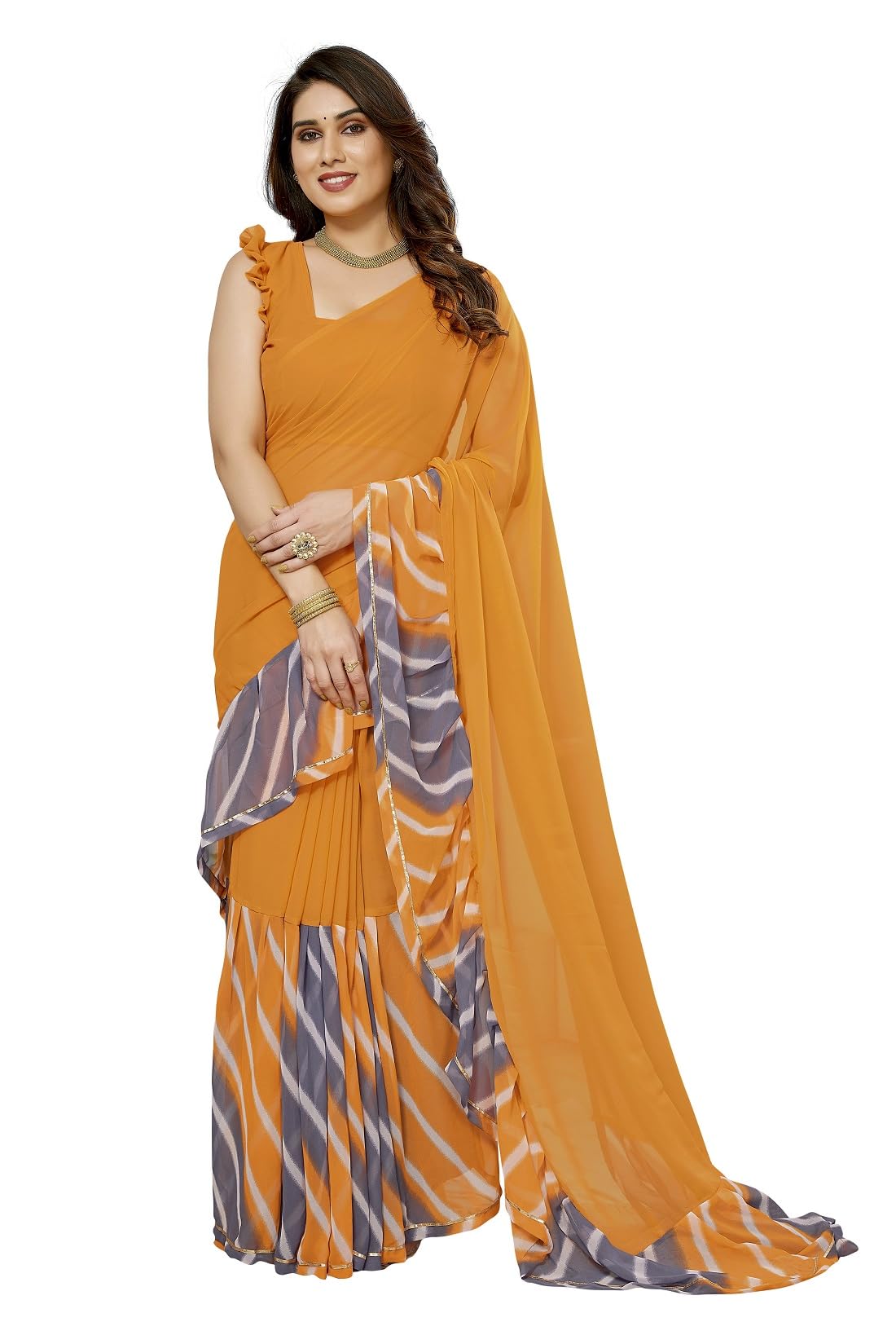 RAJESHWAR FASHION WITH RF Women's Ruffles Georgette Sarees For Women With Lace & Solid Blouse(Jacket Saree)