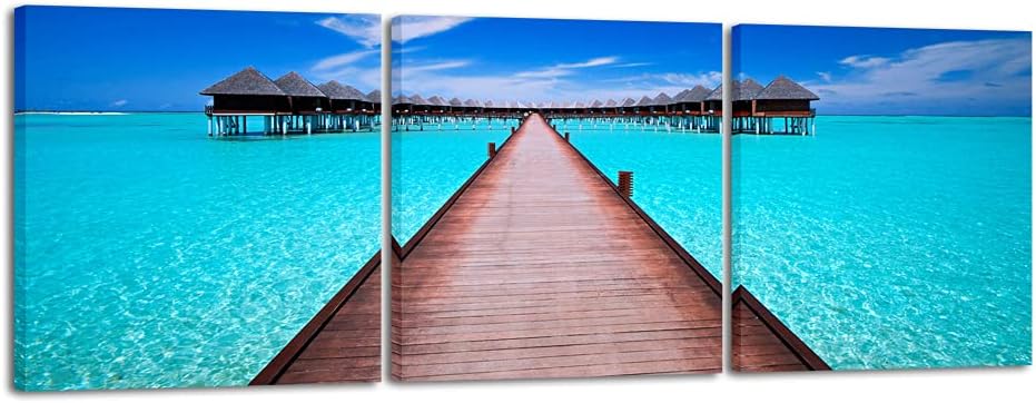 Wieco Art Blue Ocean 3 Piece Giclee Canvas Prints Wall Art Paintings for Living Room Bedroom Home Decorations Modern Stretched and Framed Seascape Artwork Grace Sea Beach Pictures Printed on Canvas