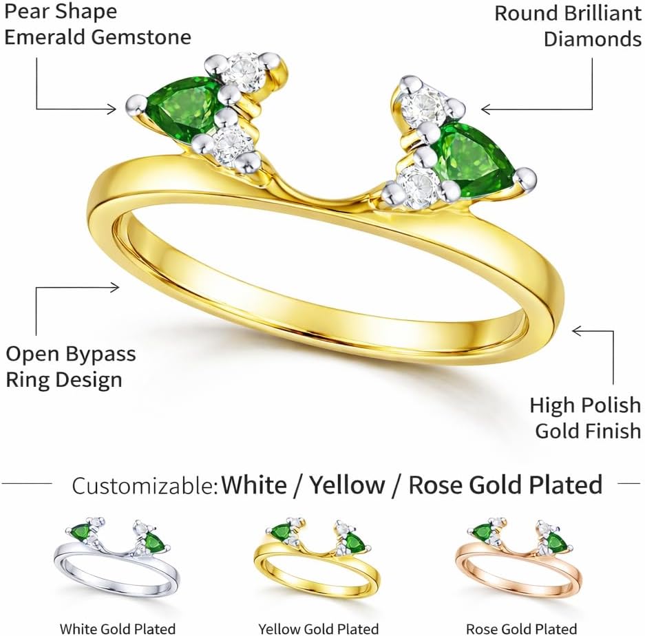 Pear & Round Cut Green Emerald & Diamond in 925 Sterling Silver 14K Yellow Gold Over Diamond Enhancer Wrap Guard Ring for Women's